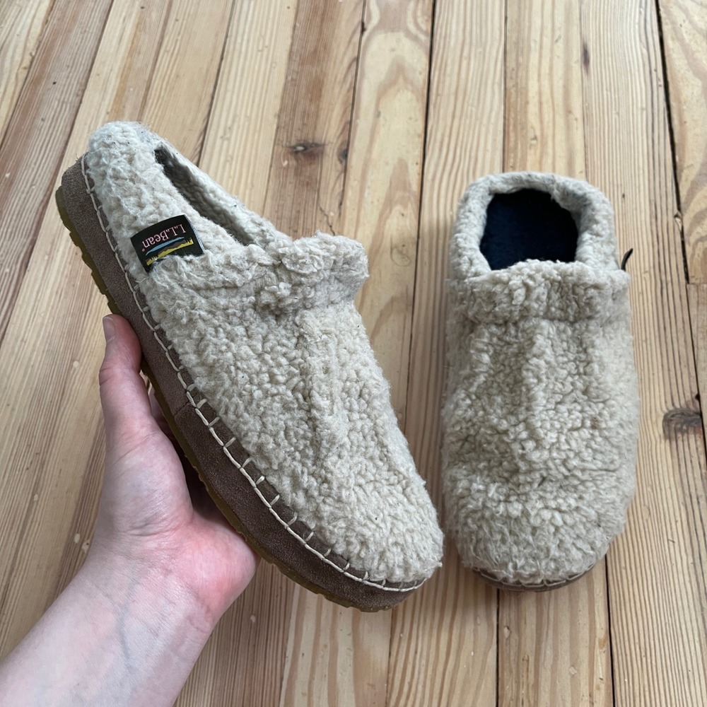 LL Bean Womens 9 Sherpa Fleece Slipper Mules Cream Brown Whipstitch slip on‎